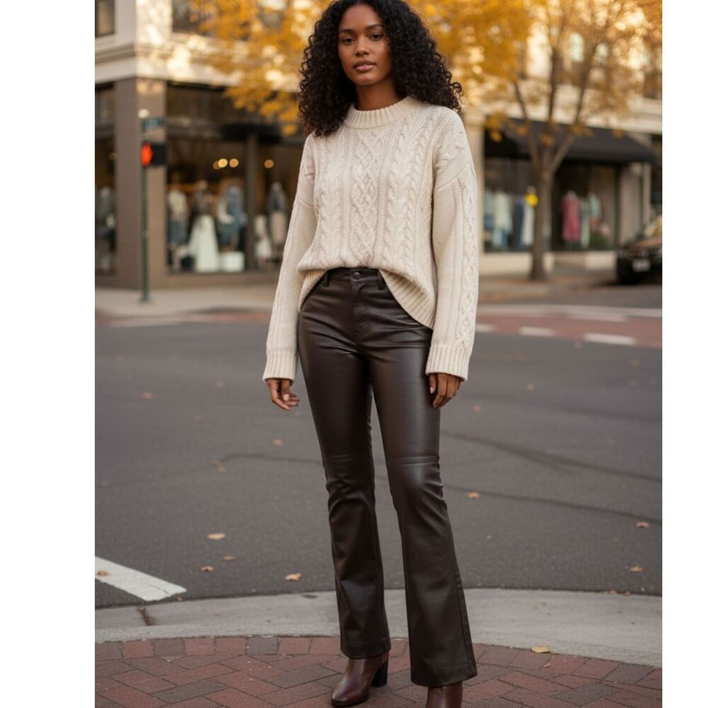 Industry Y2K Mid-Rise Soft Leather Flare Pants Womens 10 Brown Dark Academia